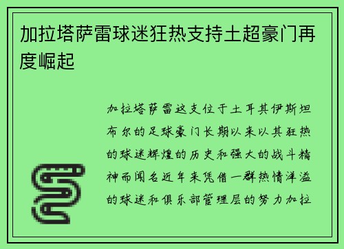 加拉塔萨雷球迷狂热支持土超豪门再度崛起